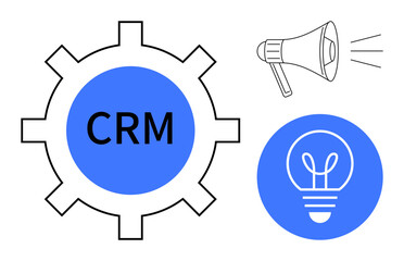 CRM gear in blue with a speakerphone for communication and a light bulb symbolizing innovation. Ideal for customer relationship management, communication, marketing, innovation, analytics, teamwork