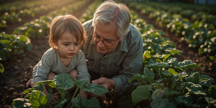 A grandfather and toddler tending to a garden with rows of plants in the warm sunlight outdoors