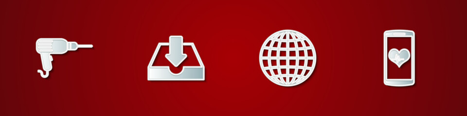 Set Drill machine, Download inbox, Earth globe and Smartphone with heart rate icon. Vector