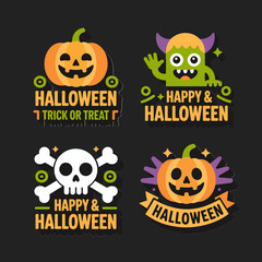 Halloween party sticker set with pumpkin monster skull, trick or treat icons, festive spooky design, cartoon vector illustration