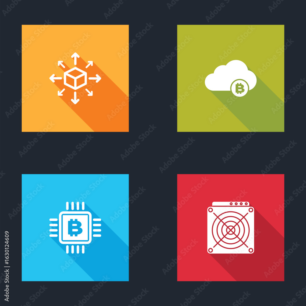 Poster set distribution, cryptocurrency cloud mining, cpu farm and asic miner icon. vector
