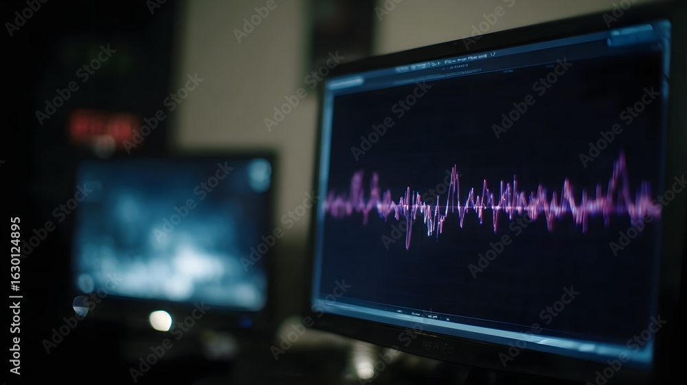 Poster brainwaves graph displayed on monitor with eeg testing lighting
