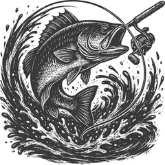 Jumping bass fishing emblem. Vintage woodcut style sport fishing vector logo.