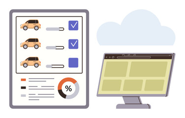 Digital car selection list, progress toggles, percentage chart, and webpage display beside cloud icon. Ideal for technology, data analysis, car rental, decision-making, automation e-commerce online