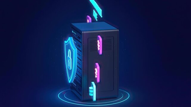 Isolation protocol active with secure server shield and data protection shield surrounded by cloud email user settings wifi and database icons glowing neon blue purple tones for ultimate security