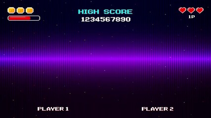 START NEW GAME. press start button. pixel art .8 bit game. retro game. for game assets. Retro Futurism Sci-Fi Background. glowing neon grid. and stars from vintage arcade comp. - Powered by Adobe