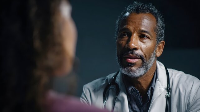 Doctor discussing healthcare with patient during a clinical consultation