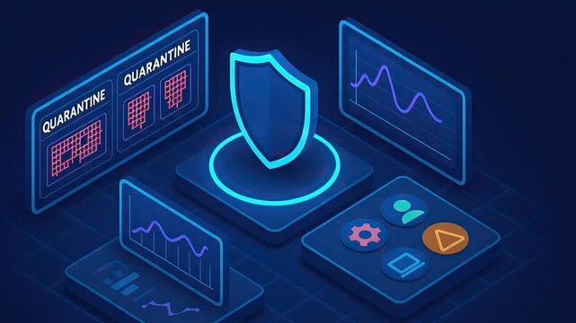 Cybersecurity shield with glowing quarantine alerts and digital data charts in isometric interface for network protection and advanced monitoring of futuristic digital environment