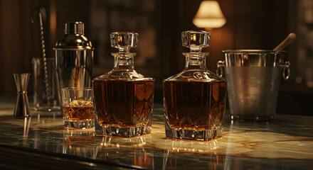 Luxury whiskey decanter set on bar top with glass and ice bucket elegant drinkware still life scene 100 char