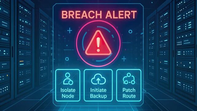 Breach alert notification on futuristic digital screen with server room background highlighting isolate node initiate backup patch route options for cybersecurity protection and urgent response