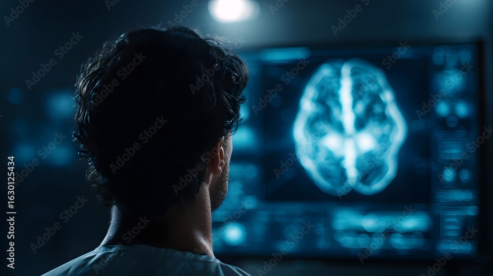 Poster futuristic brain data analysis interface with holographic display