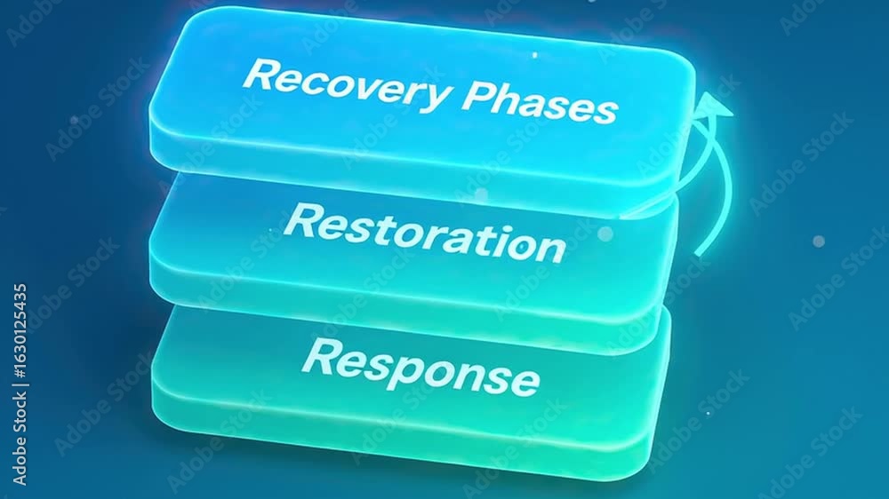 Poster recovery phase cycle with glowing blue stacked blocks showing restoration, response stages, process 