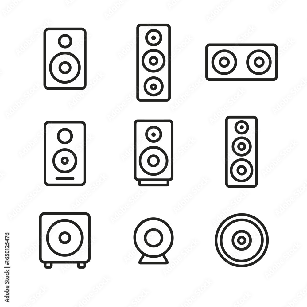 Poster speaker icon set. outline icon set of midrange speakers: bookshelf speaker, floor-standing speaker, 