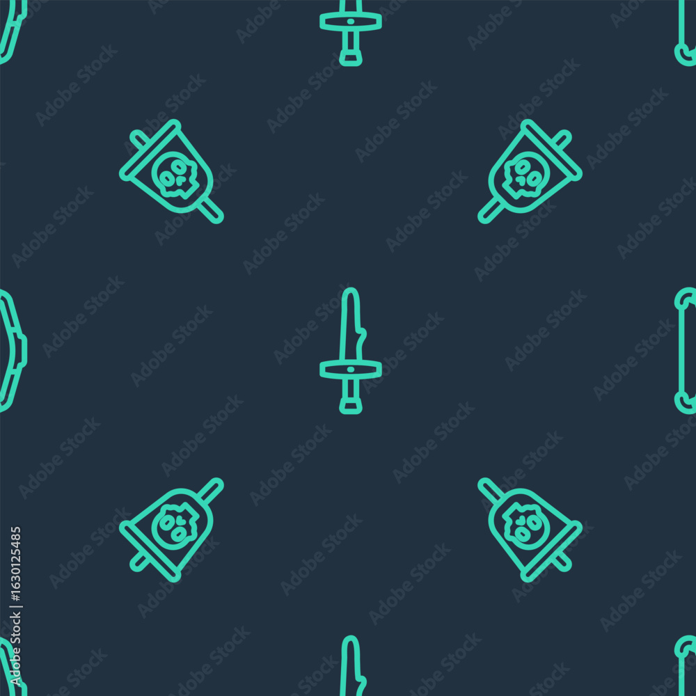 Poster set line dagger, pirate flag and medieval bow on seamless pattern. vector