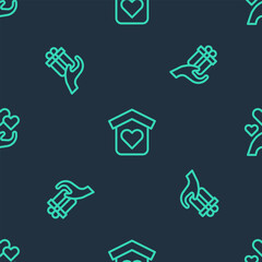 Set line Shelter for homeless, Give gift and Heart in hand on seamless pattern. Vector