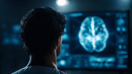 Futuristic brain data analysis interface with holographic display