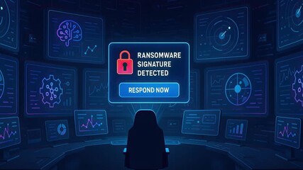 Ransomware alert digital screen cybersecurity data analysis graphs cyber threat alert urgent response multiple displays dark room security lock icon respond now button data charts digital security - Powered by Adobe