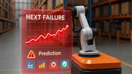 Next failure prediction concept with robotic arm warehouse showing rising failure risk graph and warning sign for industrial automation and maintenance safety with digital interface analytics - Powered by Adobe
