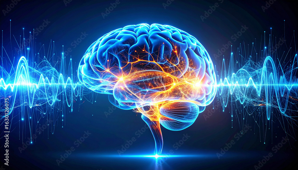 Poster illuminated brain: an artistic rendering illuminates the intricate network of a human brain, with ra