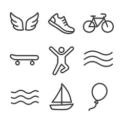 Freedom Movement Icons. Outline icon set of freedom movement: wings, running shoe, bicycle, skateboards, jumping figure, flowing