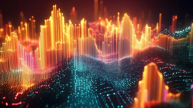 Abstract landscape with glowing bars and dots in orange and turquoise - Powered by Adobe