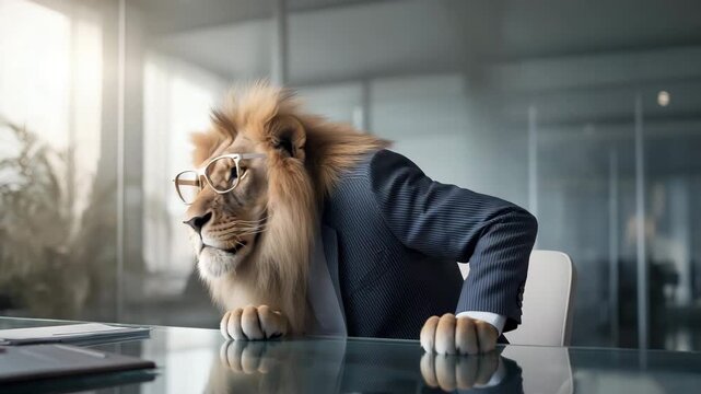 L&ouml;we als Chef in Businesskleidung mit Brille im B&uuml;ro. K&uuml;nstliche Intelligenz KI
