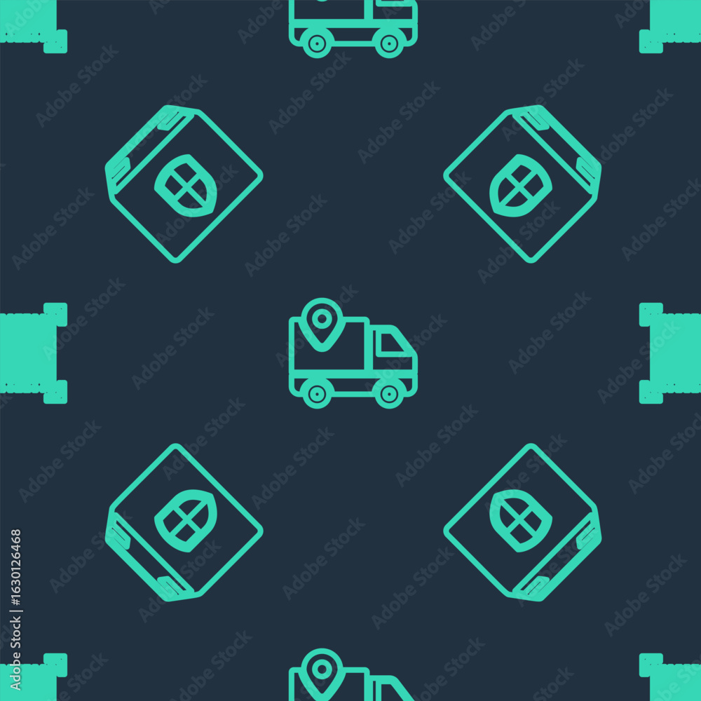 Poster set line delivery tracking, box security shield and barcode on seamless pattern. vector