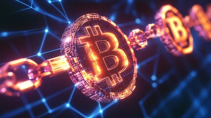 Glowing bitcoin chain with blue network connections in the background