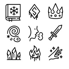 Fototapeta premium Frost Enchantment Icons. Outline icon set of frost enchantments: frozen book, icy rune, glacial crown, snowstorm swirl, cold