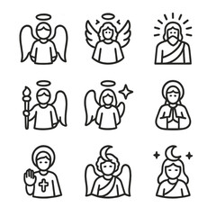 Spiritual Deities Icons. Outline icon set of spiritual deities: guardian angel, celestial being, light god, divine messenger,