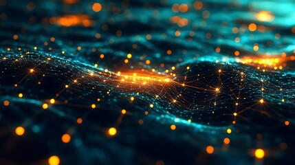 Abstract network of glowing orange dots connected by fine lines on teal