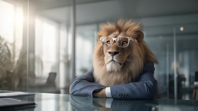 L&ouml;we als Chef in Businesskleidung mit Brille im B&uuml;ro. K&uuml;nstliche Intelligenz KI