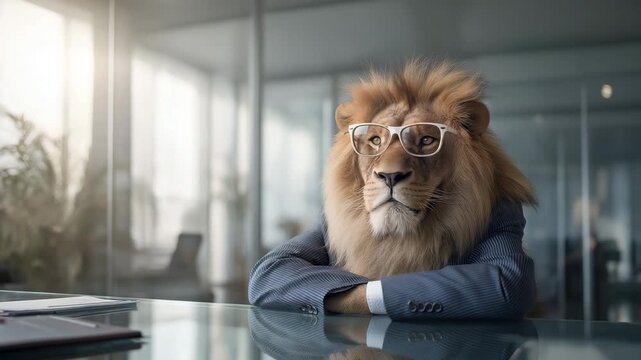L&ouml;we als Chef in Businesskleidung mit Brille im B&uuml;ro. K&uuml;nstliche Intelligenz KI