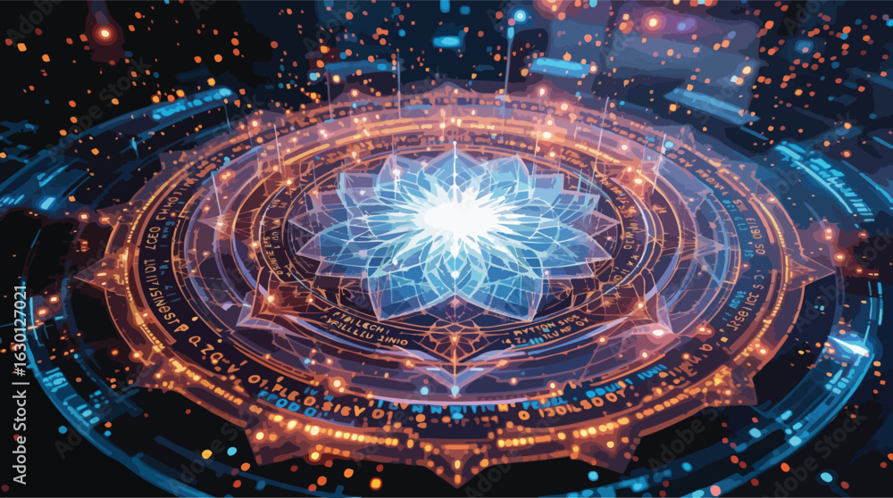Poster futuristic digital mandala with glowing blue and orange geometric patterns and data streams.