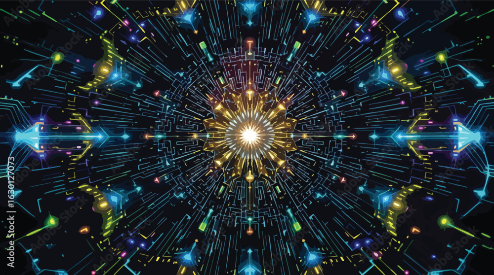 Poster futuristic sci- fi digital circuitry with glowing geometric patterns abstract background.