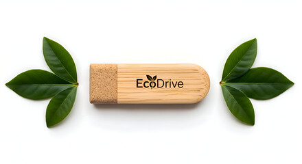 Eco-Friendly USB Drive with Leaves on White Background