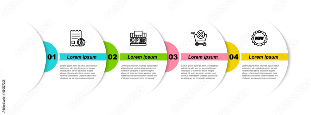 Poster set line paper check and financial check, shopping building open, remove shopping cart and price tag
