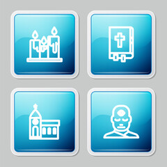 Set line Burning candles, Holy bible book, Church building and Man with third eye icon. Vector