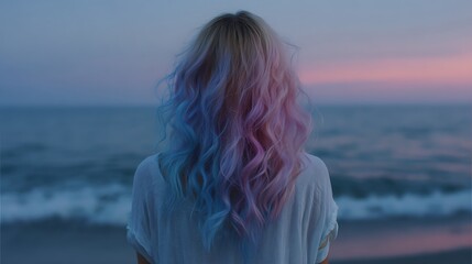 Woman with vibrant colorful hair staring out towards the ocean at dusk