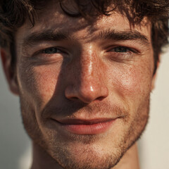 Obraz premium Front view portrait of a 25-year-old skinny Caucasian male model with messy hair and clear skin, under vibrant sunny daylight.