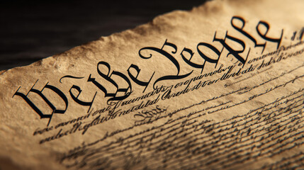 Historic parchment document with we the people text in calligraphy close up