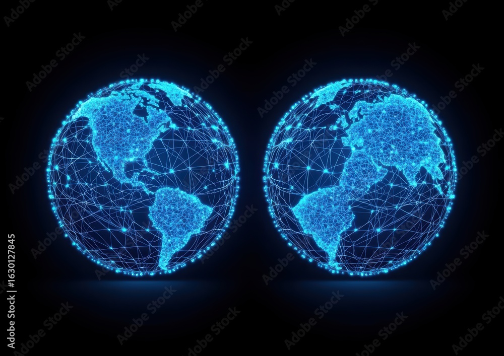 Poster digital networked globe with connected nodes in dark background