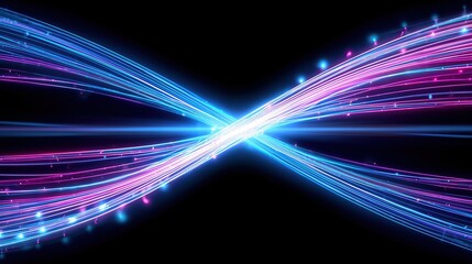 Abstract 3D Render of Symmetrical Neon Glowing Lines Forming Dynamic Firework and Star Patterns on Black Backdrop with Blue and Pink Lights, High Resolution.