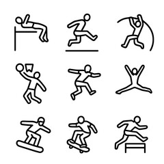 Sports Leap Icons. Outline icon set of sports leap: high jump, long jump, pole vault, basketball dunk, parkour jump, gymnast leap,