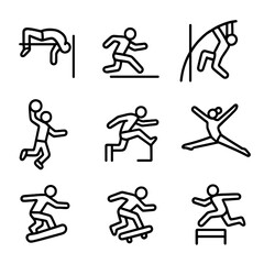 Naklejka premium Sports Leap Icons. Outline icon set of sports leap: high jump, long jump, pole vault, basketball dunk, parkour jump, gymnast leap,