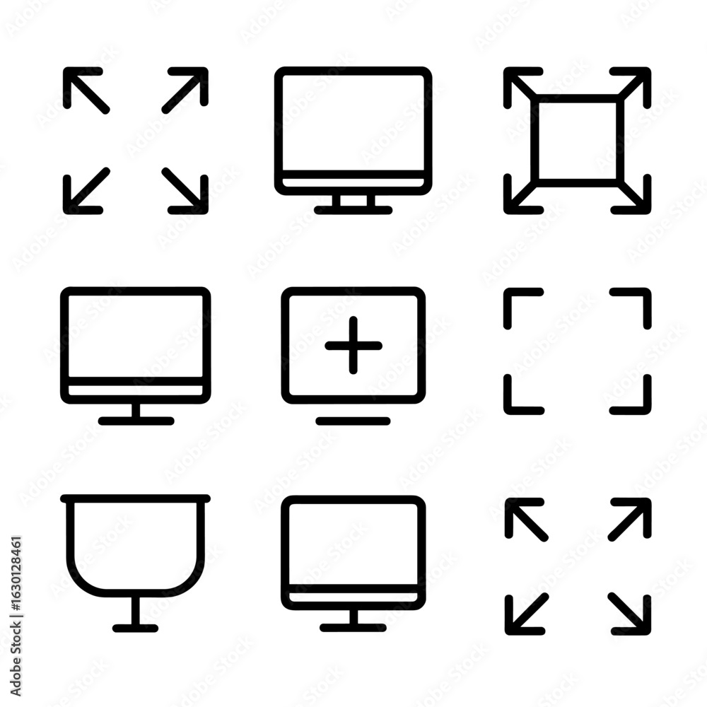 Poster full screen icons grid. outline icon set of full screen actions: full screen expand, maximize window