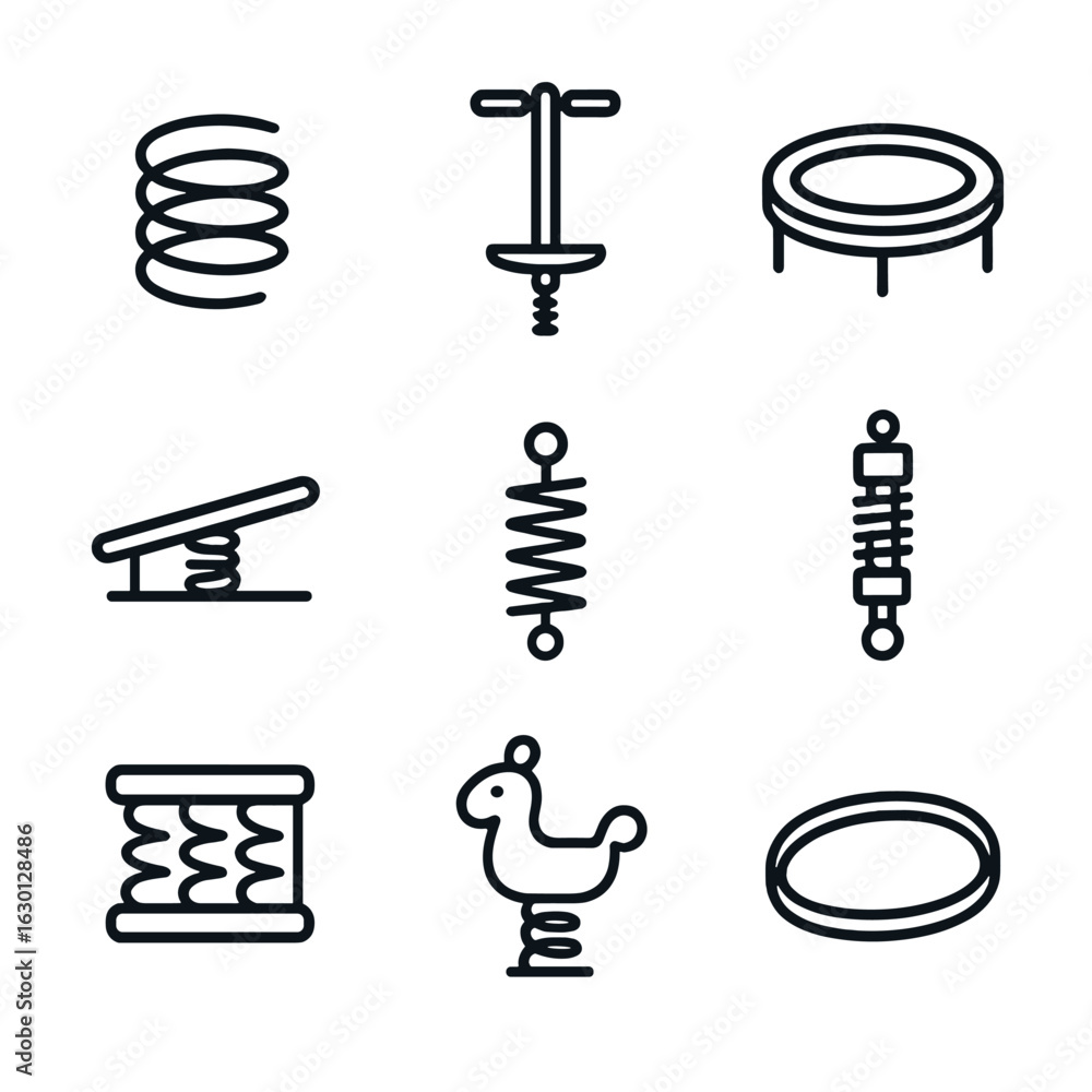 Poster spring icons grid. outline icon set of spring bounce: coil spring, pogo stick, trampoline, springboa