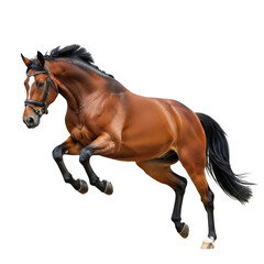 Naklejka premium Jumping brown horse with bridle isolated on transparent background