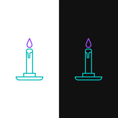 Line Burning candle in candlestick icon isolated on white and black background. Cylindrical candle stick with burning flame. Colorful outline concept. Vector