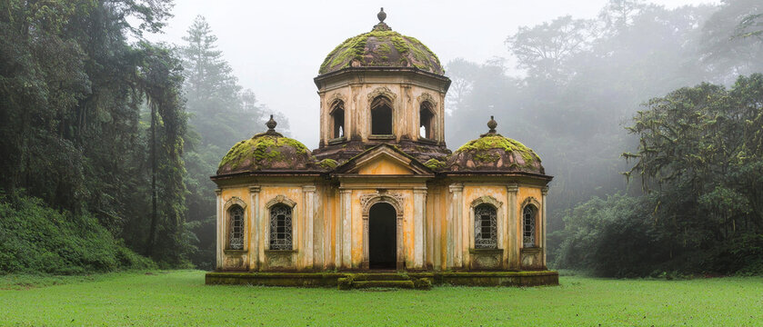 Moss-covered ruin in a misty forest clearing